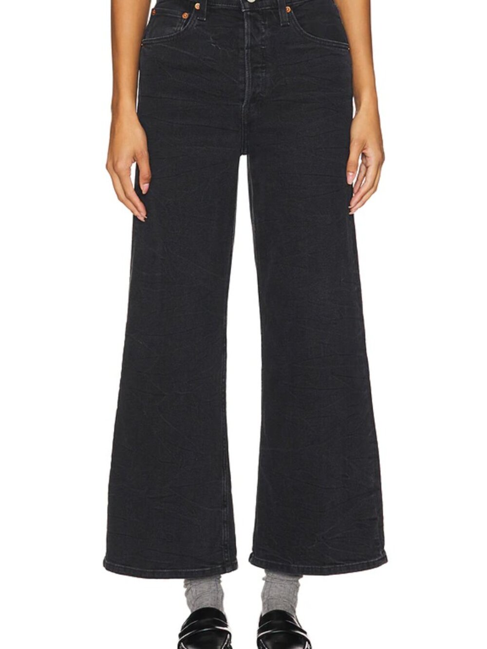 Re/Done High Rise Wide Leg Cropped Jeans Denim Cotton Pants Button Fly Black 23